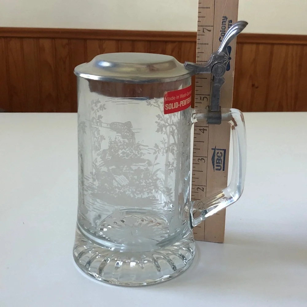 Vintage West Germany Etched Glass Beer Stein Pewter Lid Fishing Scene